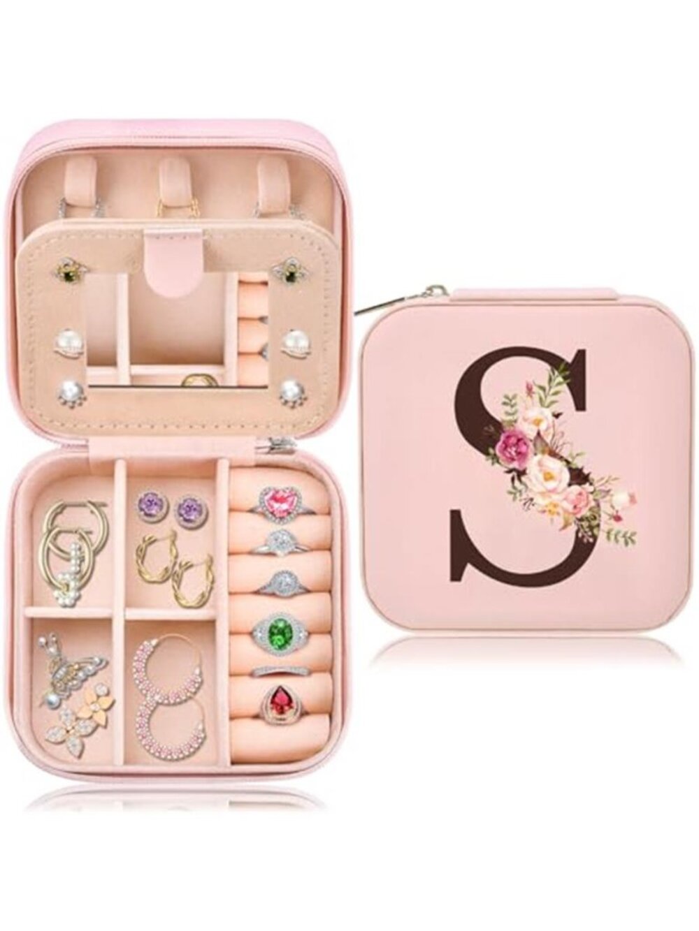 Initial S Travel Jewelry Case Box Organizer Pink Personalized Gift for Women Mom
